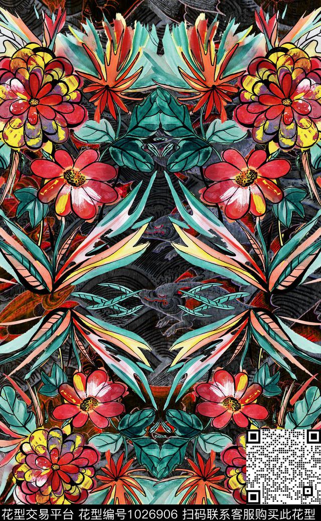 民族风手绘花卉定位花数码印花华亿平台下载（图片编号: 1026906） - 瓦栏（Walan）