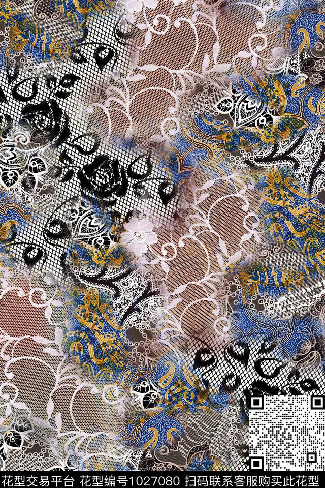 抽象网布蕾丝混合拼接数码印花华亿平台下载（图片编号: 1027080） - 瓦栏（Walan）