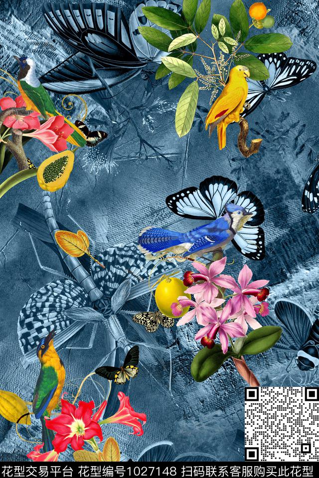 鸟花卉纹理数码印花华亿平台下载（图片编号: 1027148） - 瓦栏（Walan）