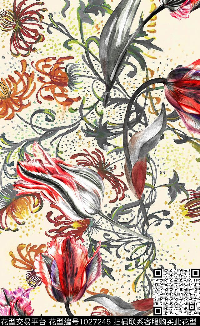 数码华亿平台定位花笔触数码印花华亿平台下载（图片编号: 1027245） - 瓦栏（Walan）