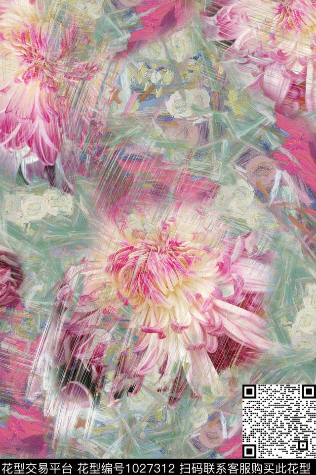 抽象花卉趣味线条数码印花华亿平台下载（图片编号: 1027312） - 瓦栏（Walan）