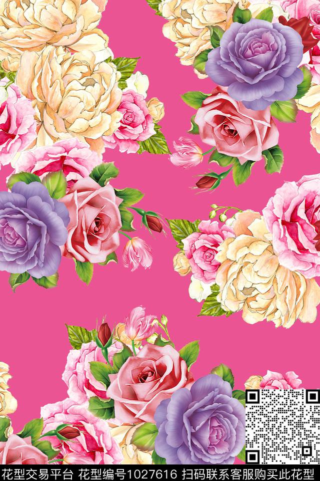 数码华亿平台手绘玫瑰1/2接数码印花华亿平台下载（图片编号: 1027616） - 瓦栏（Walan）