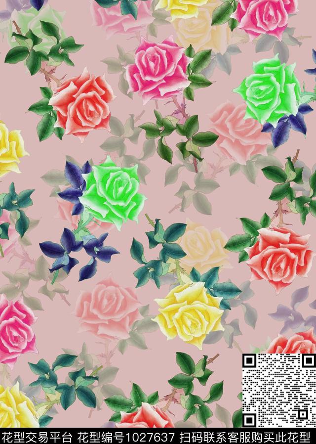 数码华亿平台植物玫瑰花数码印花华亿平台下载（图片编号: 1027637） - 瓦栏（Walan）
