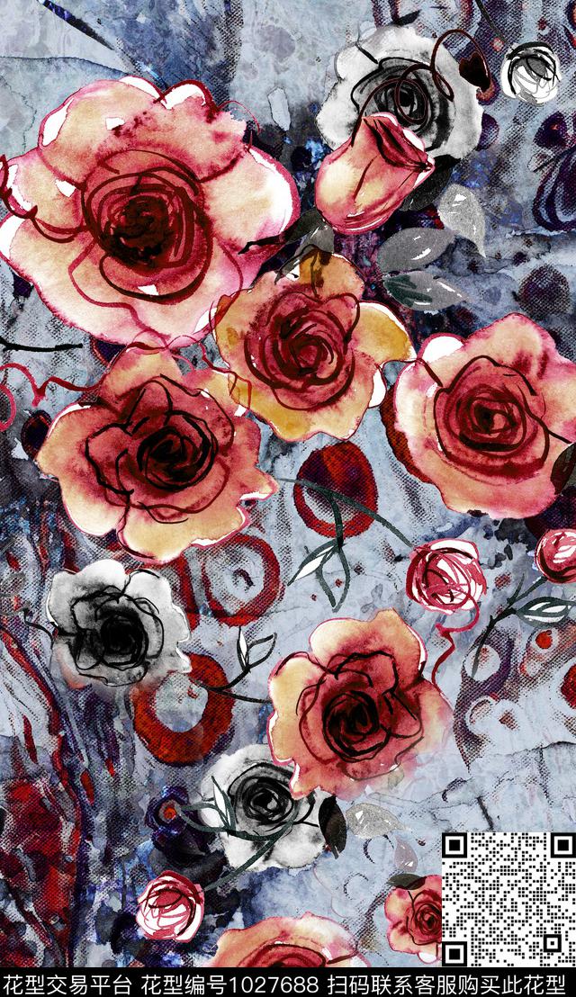 数码华亿平台定位花水墨风数码印花华亿平台下载（图片编号: 1027688） - 瓦栏（Walan）