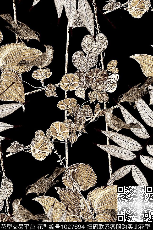 绿植树叶女装复古女装花数码印花华亿平台下载（图片编号: 1027694） - 瓦栏（Walan）