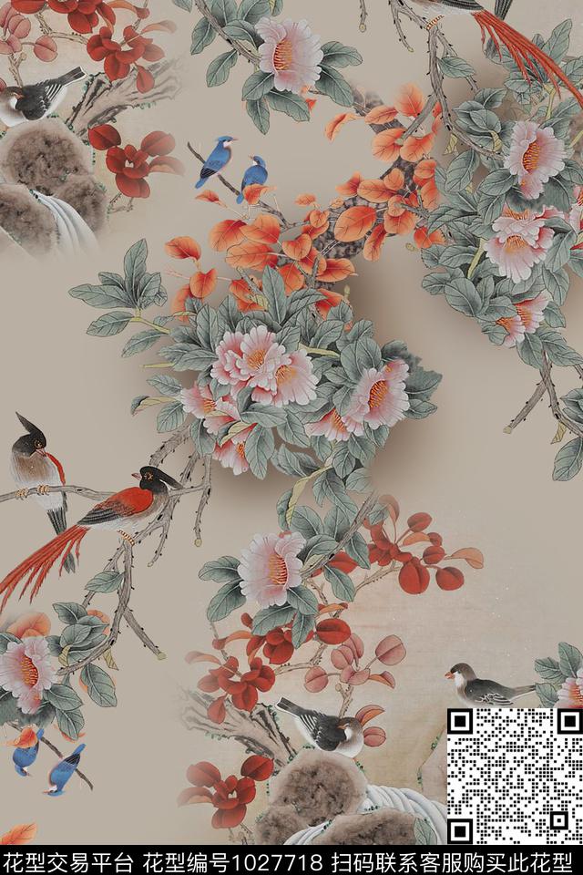 鸟复古中国风数码印花华亿平台下载（图片编号: 1027718） - 瓦栏（Walan）