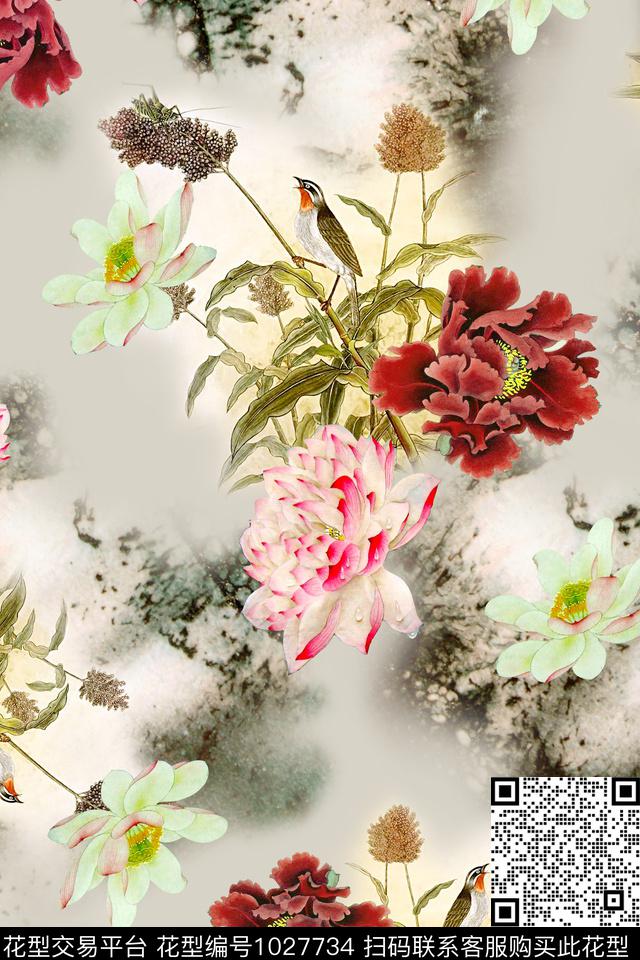肌理牡丹中国风数码印花华亿平台下载（图片编号: 1027734） - 瓦栏（Walan）