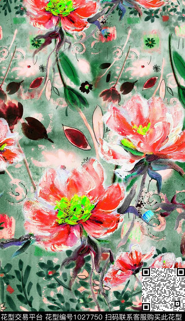 数码华亿平台定位花水墨风数码印花华亿平台下载（图片编号: 1027750） - 瓦栏（Walan）