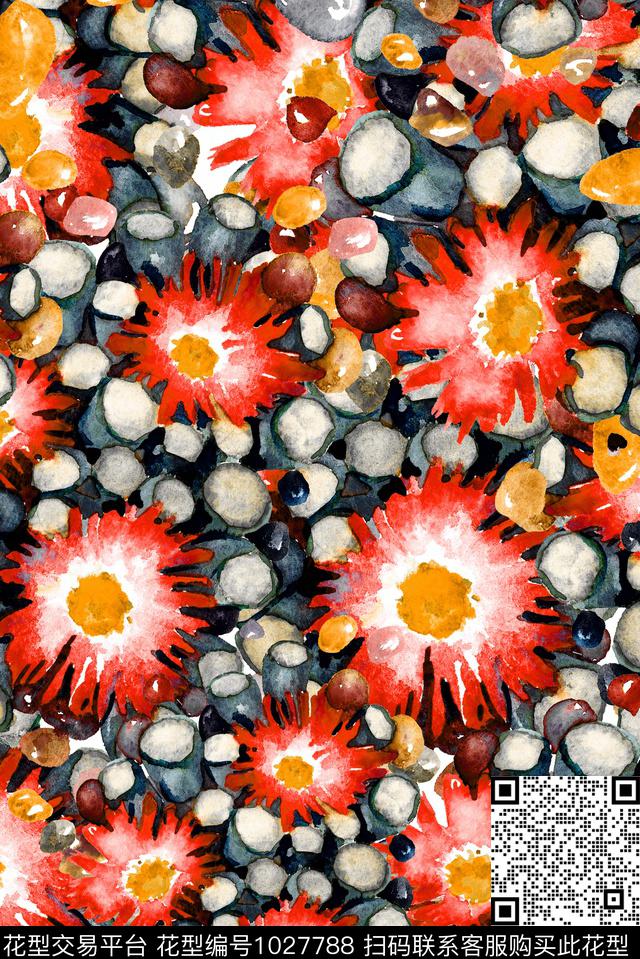 数码华亿平台抽象花卉水彩数码印花华亿平台下载（图片编号: 1027788） - 瓦栏（Walan）