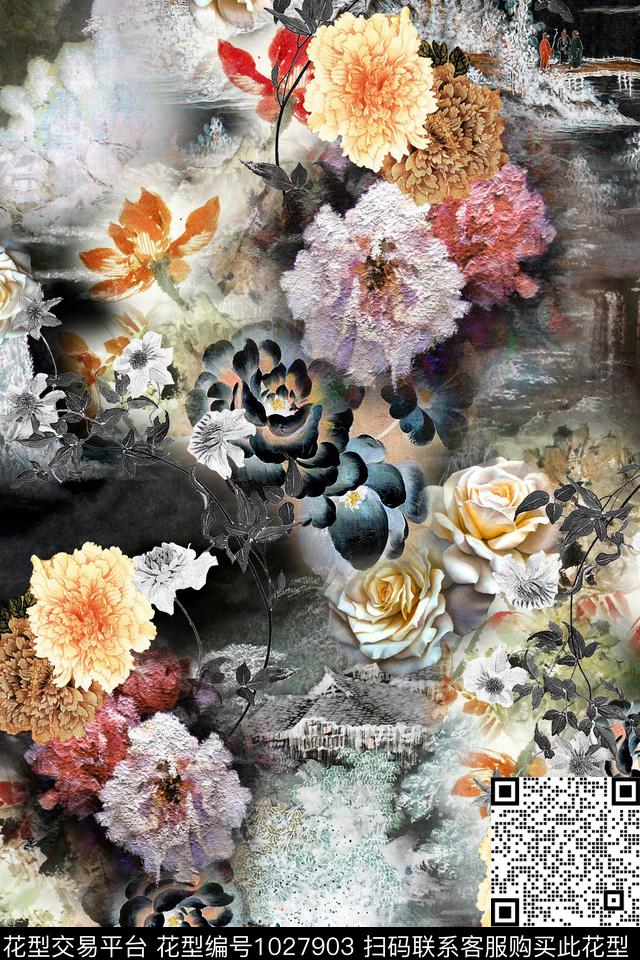 朦胧花卉油画华亿平台中国风数码印花华亿平台下载（图片编号: 1027903） - 瓦栏（Walan）