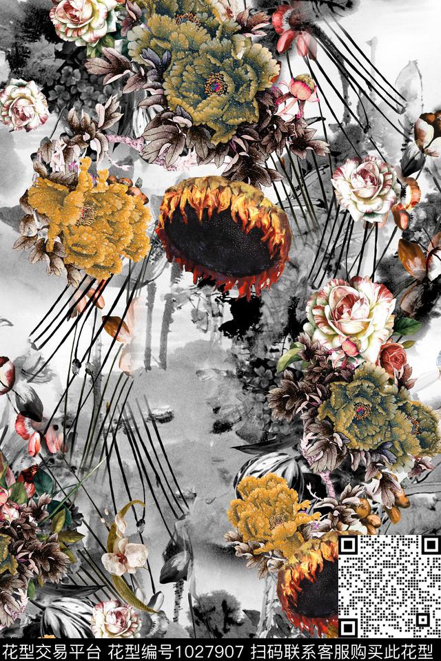 线条花卉花卉水墨风数码印花华亿平台下载（图片编号: 1027907） - 瓦栏（Walan）