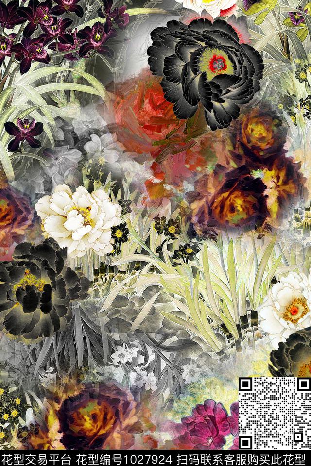 朦胧花卉中国风水墨风数码印花华亿平台下载（图片编号: 1027924） - 瓦栏（Walan）