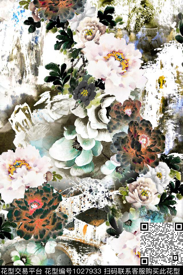 朦胧花卉油画华亿平台中国风数码印花华亿平台下载（图片编号: 1027933） - 瓦栏（Walan）