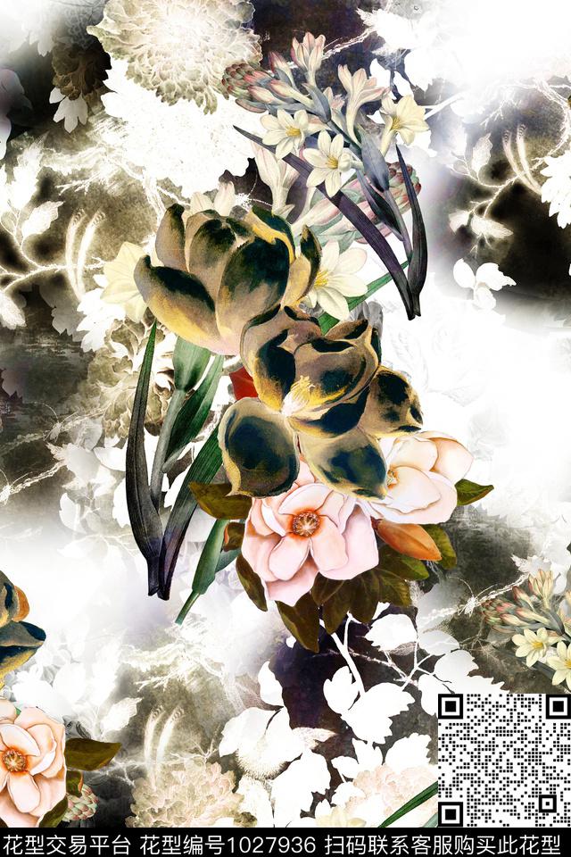 朦胧花卉油画华亿平台中国风数码印花华亿平台下载（图片编号: 1027936） - 瓦栏（Walan）
