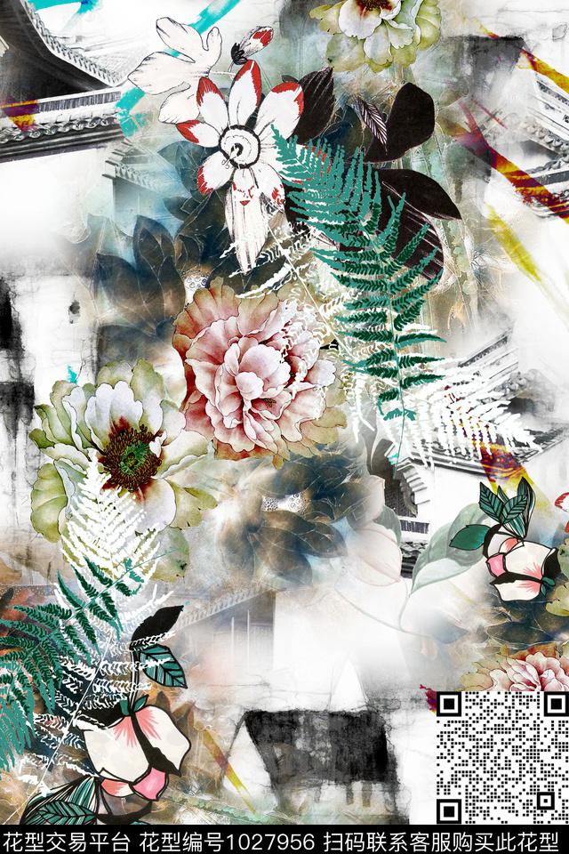 黑白华亿平台水彩花卉民族风数码印花华亿平台下载（图片编号: 1027956） - 瓦栏（Walan）