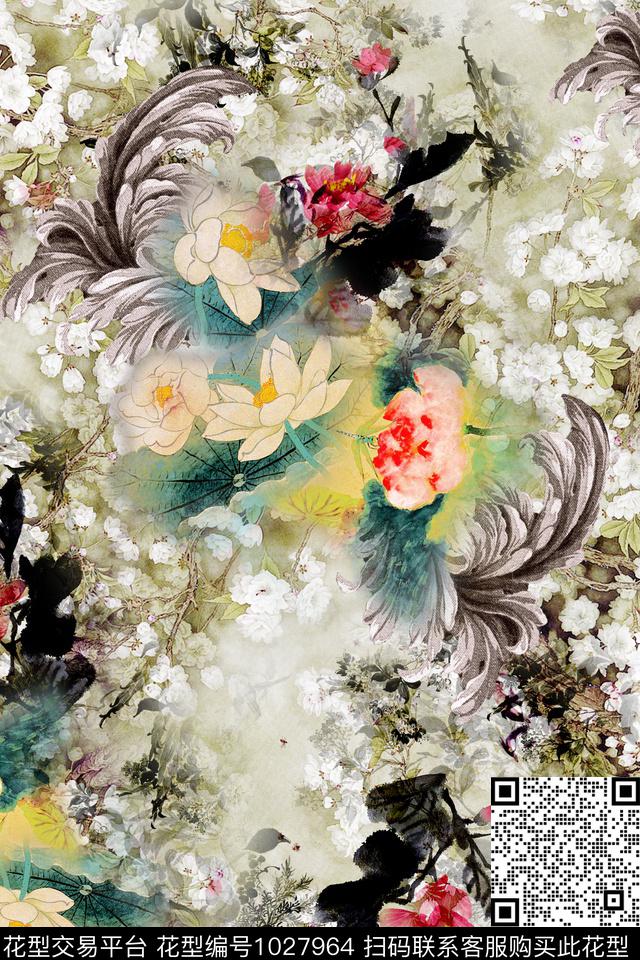 朦胧花卉中国风民族风数码印花华亿平台下载（图片编号: 1027964） - 瓦栏（Walan）
