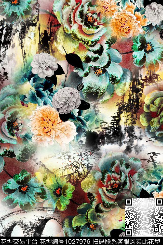 花卉水墨风油画华亿平台数码印花华亿平台下载（图片编号: 1027976） - 瓦栏（Walan）