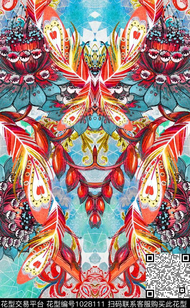 大花羽毛对称花数码印花华亿平台下载（图片编号: 1028111） - 瓦栏（Walan）