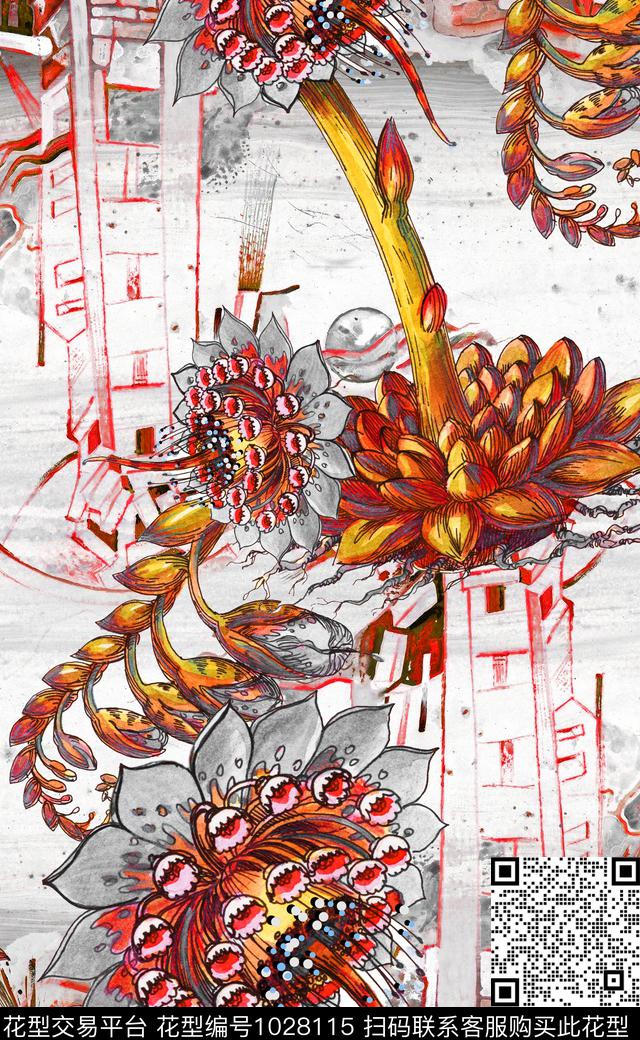 大花线条肌理数码印花华亿平台下载（图片编号: 1028115） - 瓦栏（Walan）