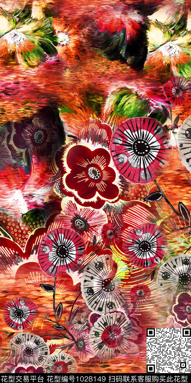 数码华亿平台抽象花卉定位花数码印花华亿平台下载（图片编号: 1028149） - 瓦栏（Walan）