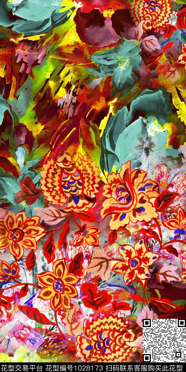 数码华亿平台抽象花卉定位花数码印花华亿平台下载（图片编号: 1028173） - 瓦栏（Walan）