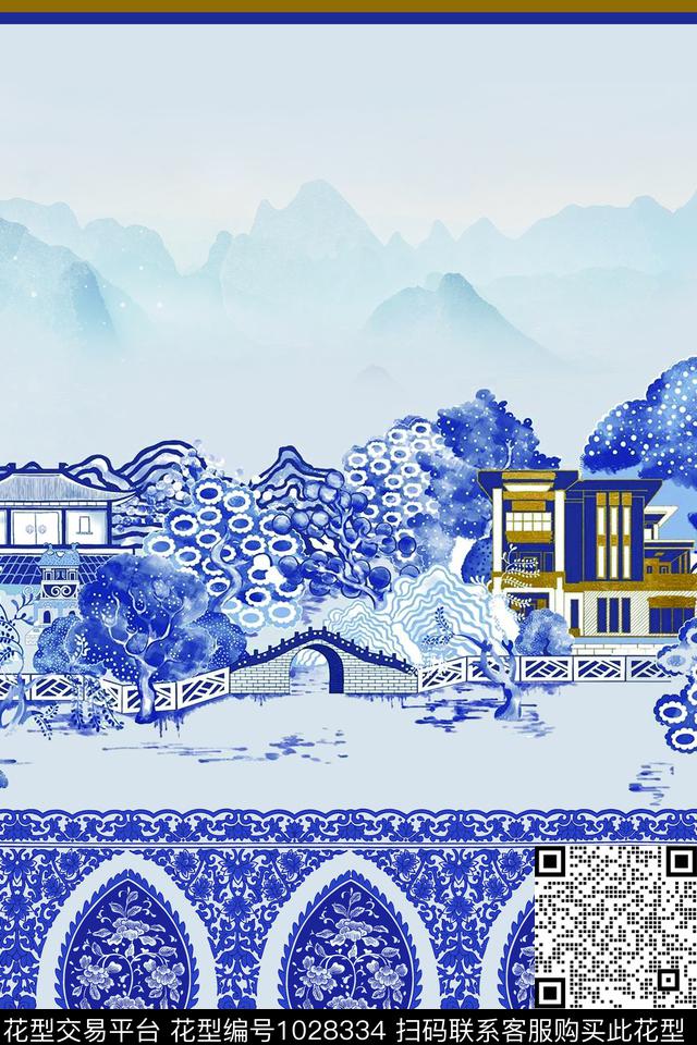 风景定位中国风定位花青花瓷数码印花华亿平台下载（图片编号: 1028334） - 瓦栏（Walan）