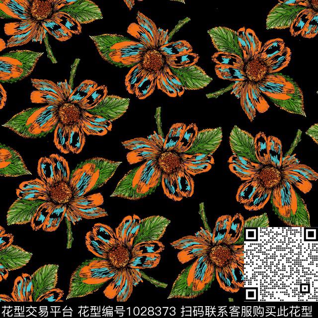 数码华亿平台黑底花卉民族风数码印花华亿平台下载（图片编号: 1028373） - 瓦栏（Walan）