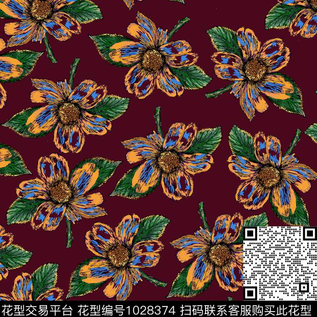 数码华亿平台黑底花卉民族风数码印花华亿平台下载（图片编号: 1028374） - 瓦栏（Walan）