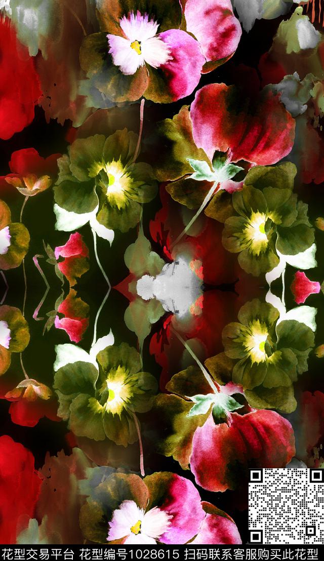 大花水墨风对称花数码印花华亿平台下载（图片编号: 1028615） - 瓦栏（Walan）