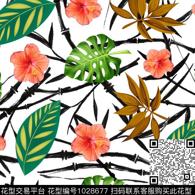 创意花卉绿植树叶数码印花华亿平台下载（图片编号: 1028677） - 瓦栏（Walan）