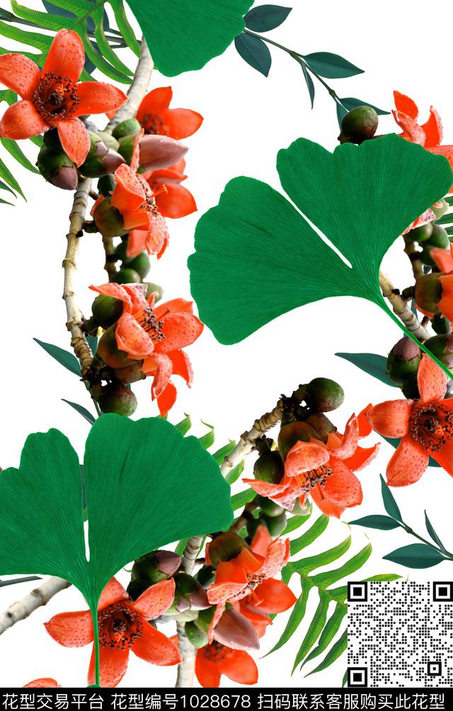 创意花卉绿植树叶数码印花华亿平台下载（图片编号: 1028678） - 瓦栏（Walan）