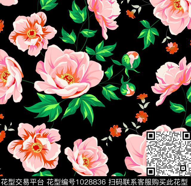 淑女女装手绘大花传统印花华亿平台下载（图片编号: 1028836） - 瓦栏（Walan）