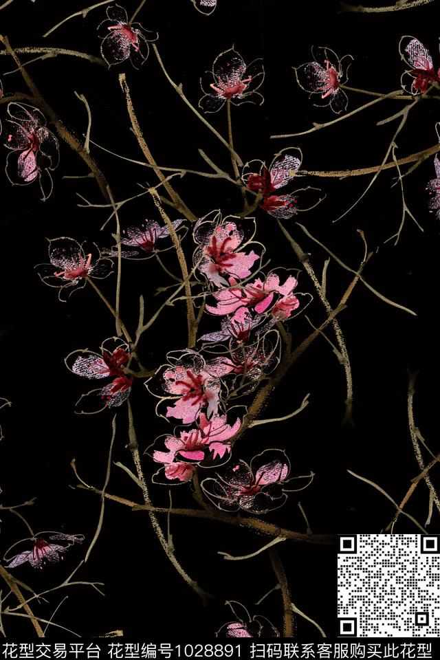 数码华亿平台梅花水彩花卉数码印花华亿平台下载（图片编号: 1028891） - 瓦栏（Walan）