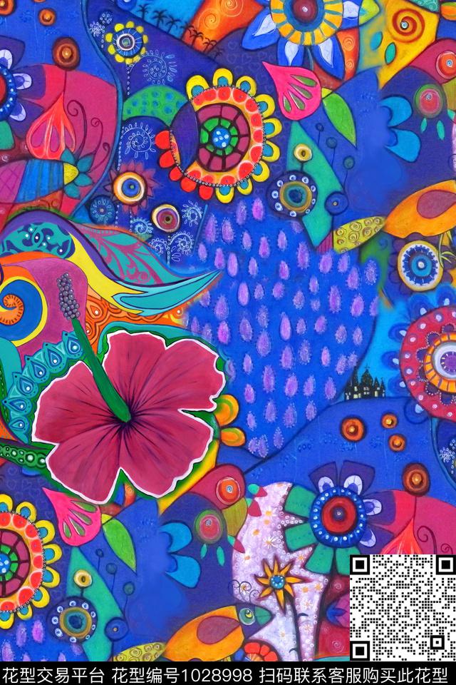 民族风抽象花卉数码印花华亿平台下载（图片编号: 1028998） - 瓦栏（Walan）