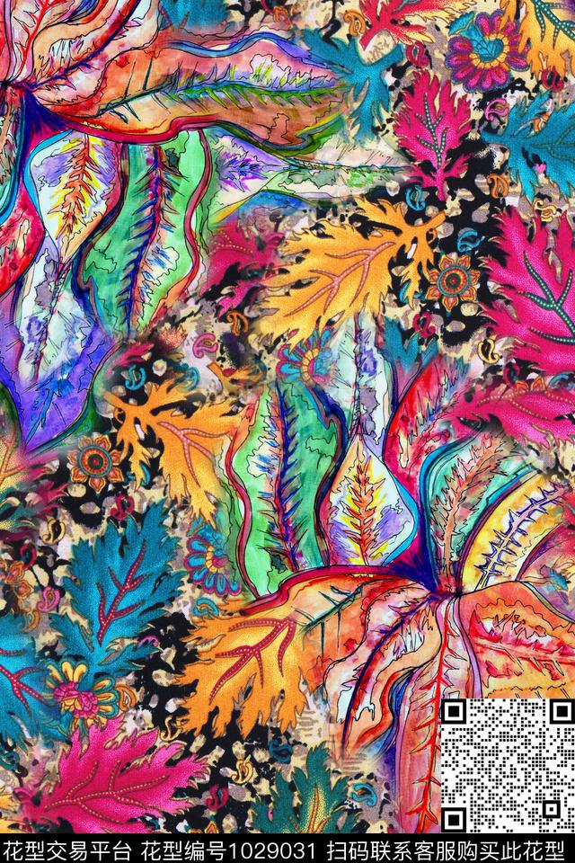 花卉绿植树叶水彩花卉数码印花华亿平台下载（图片编号: 1029031） - 瓦栏（Walan）