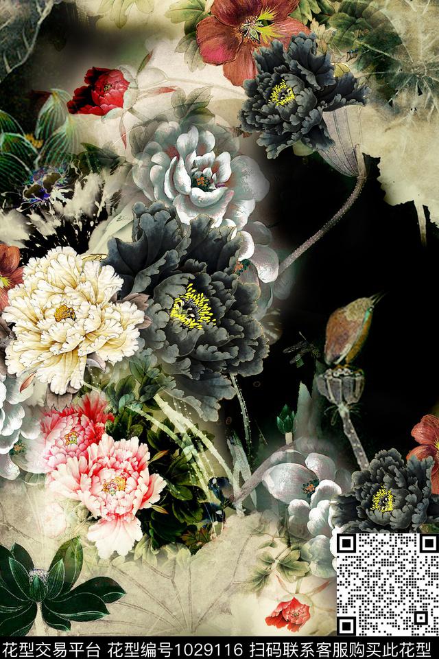民族花卉中国风朦胧花卉数码印花华亿平台下载（图片编号: 1029116） - 瓦栏（Walan）
