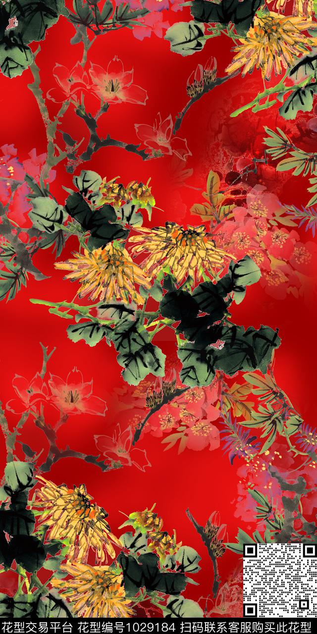 花卉水墨风女装传统印花华亿平台下载（图片编号: 1029184） - 瓦栏（Walan）