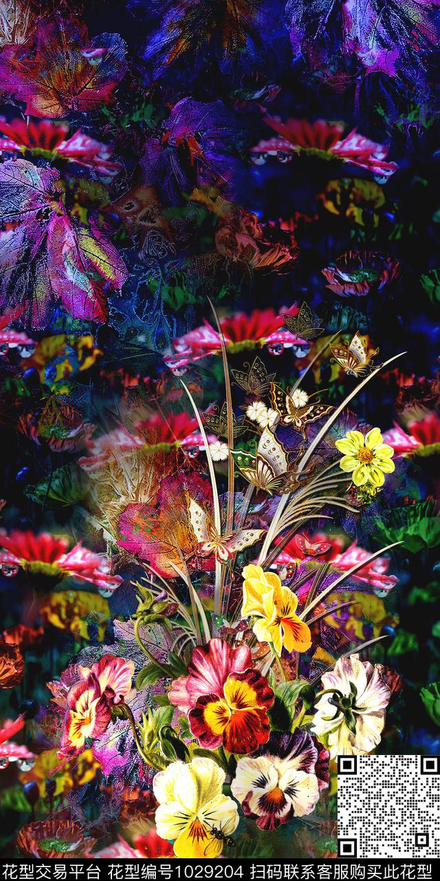 水彩花卉蝴蝶年轻女性数码印花华亿平台下载（图片编号: 1029204） - 瓦栏（Walan）
