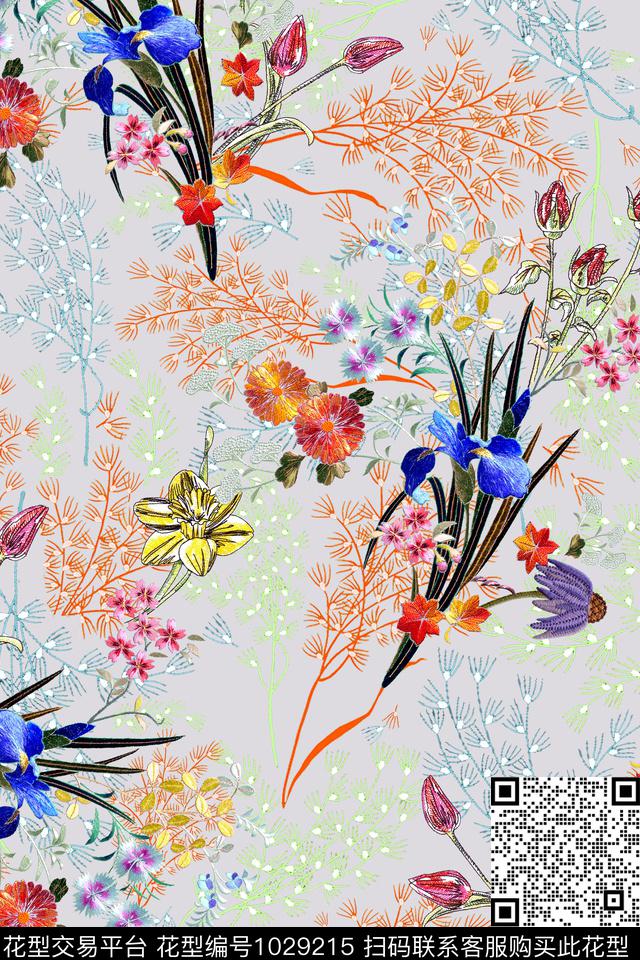 花卉树枝中国风数码印花华亿平台下载（图片编号: 1029215） - 瓦栏（Walan）