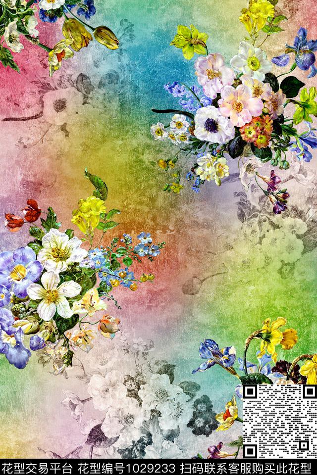 炫彩水彩花卉年轻女性数码印花华亿平台下载（图片编号: 1029233） - 瓦栏（Walan）