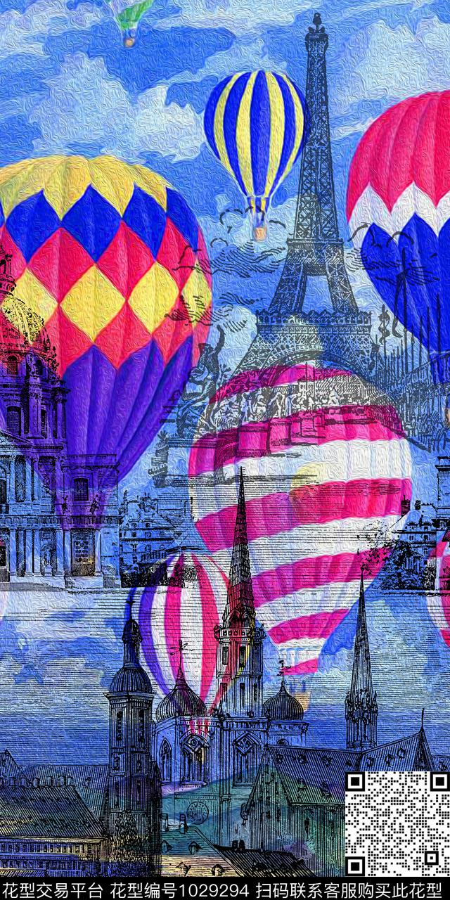 国外建筑与热气球定位花趣味数码印花华亿平台下载（图片编号: 1029294） - 瓦栏（Walan）