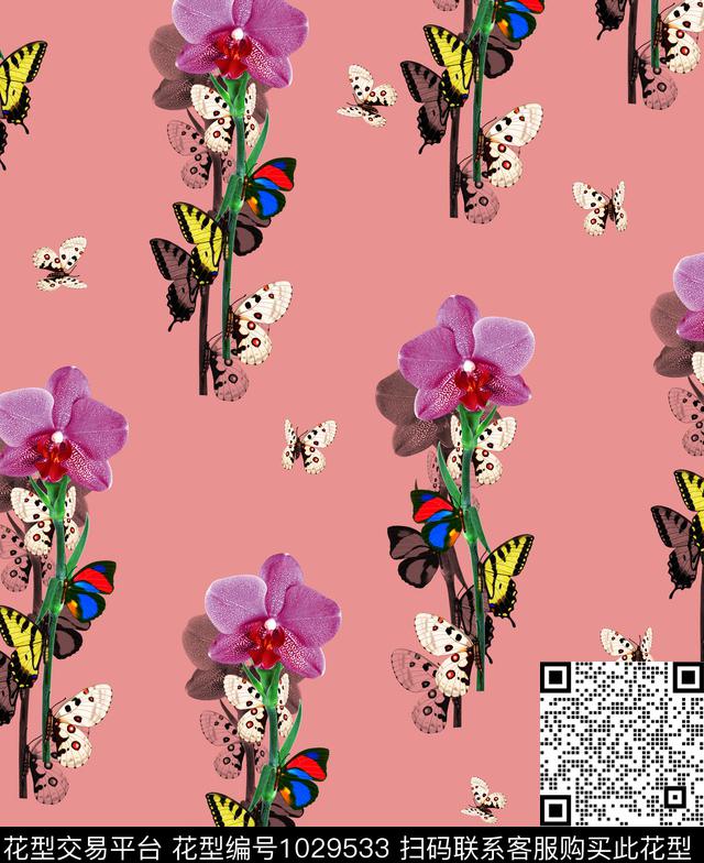 花卉蝴蝶兰蝴蝶数码印花华亿平台下载（图片编号: 1029533） - 瓦栏（Walan）
