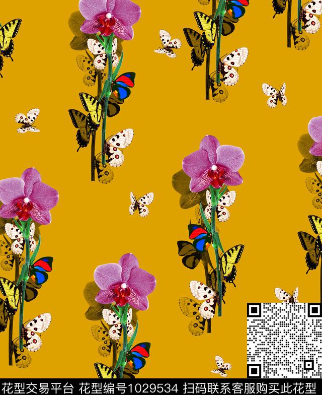 花卉蝴蝶兰蝴蝶数码印花华亿平台下载（图片编号: 1029534） - 瓦栏（Walan）
