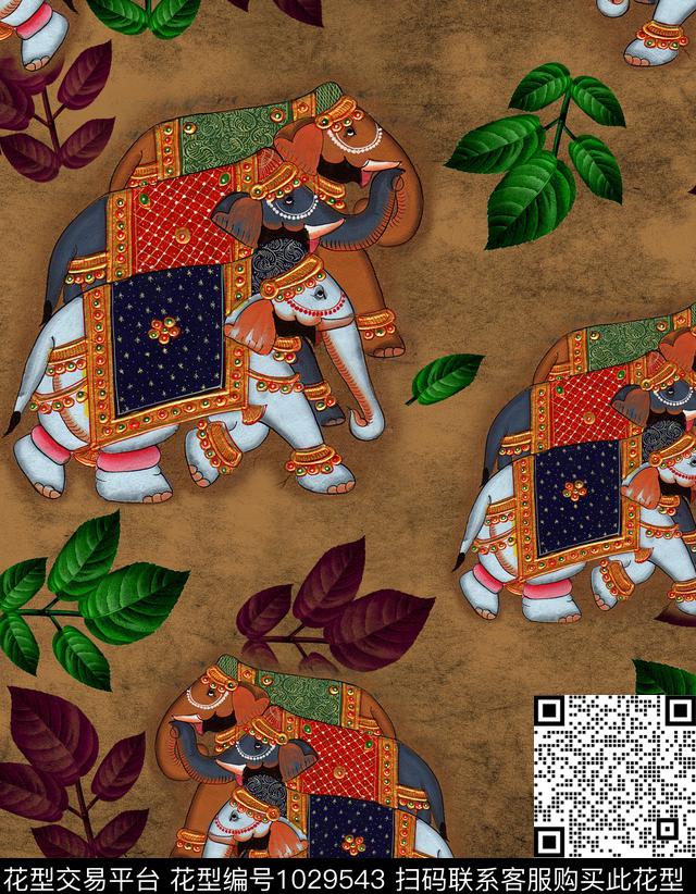 民族风大象绿植树叶数码印花华亿平台下载（图片编号: 1029543） - 瓦栏（Walan）