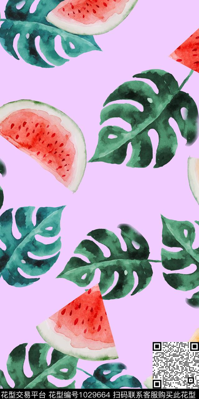 水彩花卉西瓜热带华亿平台数码印花华亿平台下载（图片编号: 1029664） - 瓦栏（Walan）
