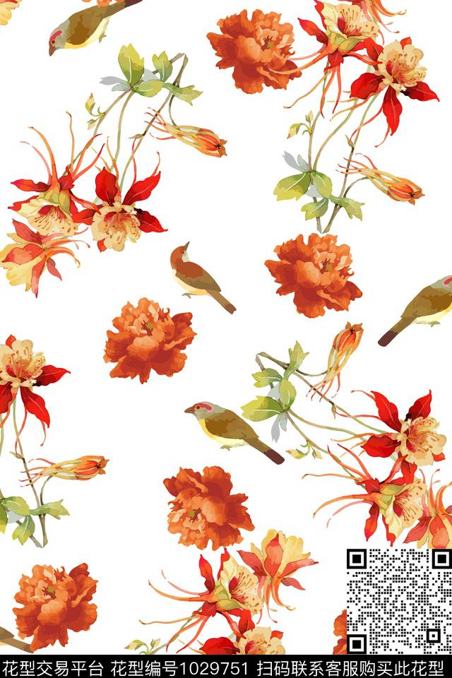 鸟花卉大牌风数码印花华亿平台下载（图片编号: 1029751） - 瓦栏（Walan）