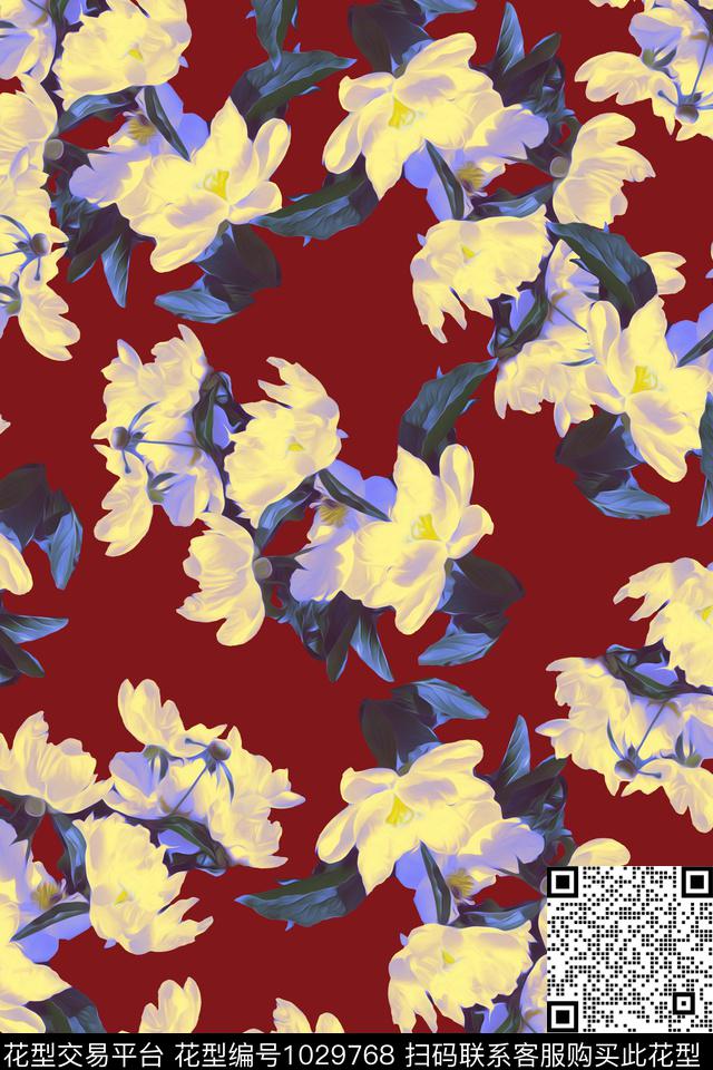 大花花卉复古数码印花华亿平台下载（图片编号: 1029768） - 瓦栏（Walan）