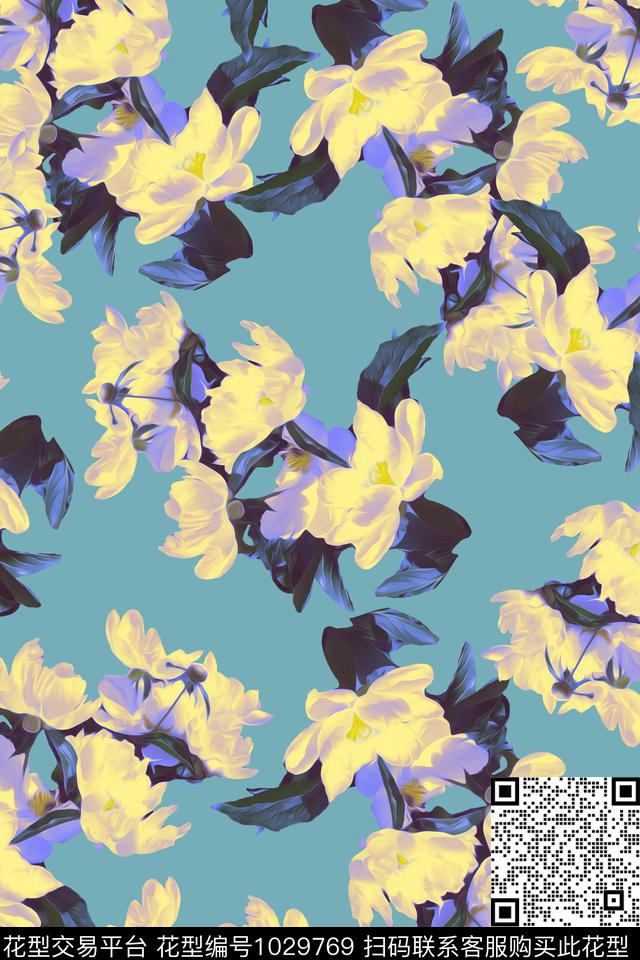 大花花卉复古数码印花华亿平台下载（图片编号: 1029769） - 瓦栏（Walan）