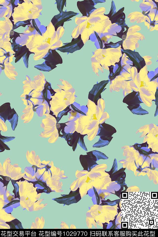 大花花卉复古数码印花华亿平台下载（图片编号: 1029770） - 瓦栏（Walan）