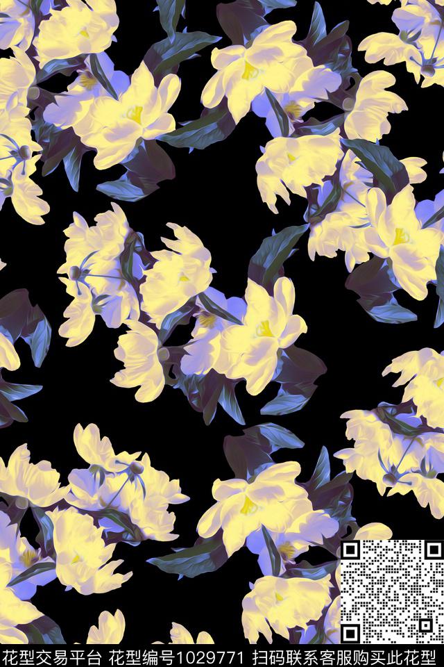 大花花卉复古数码印花华亿平台下载（图片编号: 1029771） - 瓦栏（Walan）